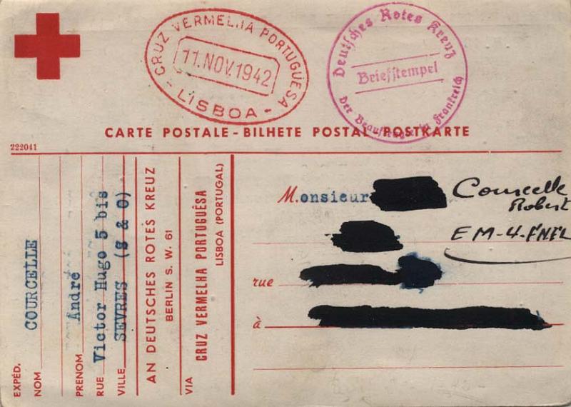 0749.jpg -     Lote:    749      Correio Militar e Censuras      Portugal       Descrição:         1939/45 &mdash; 2.ª Guerra Mundial. Isentos de Franquia. Serviço de Prisioneiros de Guerra da Cruz Vermelha Portuguesa. Inteiro postal isento de franquia circulado de Lisboa (11.11.42) para França. Carimbo datado batido a vermelho "CRUZ VERMELHA PORTUGUESA / LISBOA".        IC       Valor Base:     &euro; 40,00     Valor Venda:     Retirado     