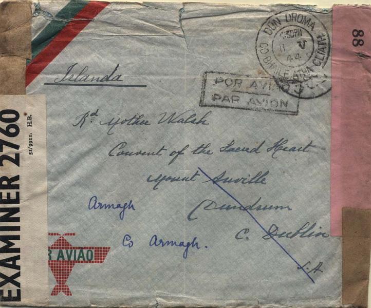 0754.jpg -     Lote:    754      Correio Militar e Censuras      Portugal       Descrição:         1939/45 &mdash; 2.ª Guerra Mundial. Censuras. Sobrescrito circulado do Porto (23.04.44 para a Irlanda e reexpedido para a Itália (11.05.44). Cintas de censura inglesa e italiana.        Carta       Valor Base:     &euro; 8,00     Valor Venda:     &euro; 8,00     