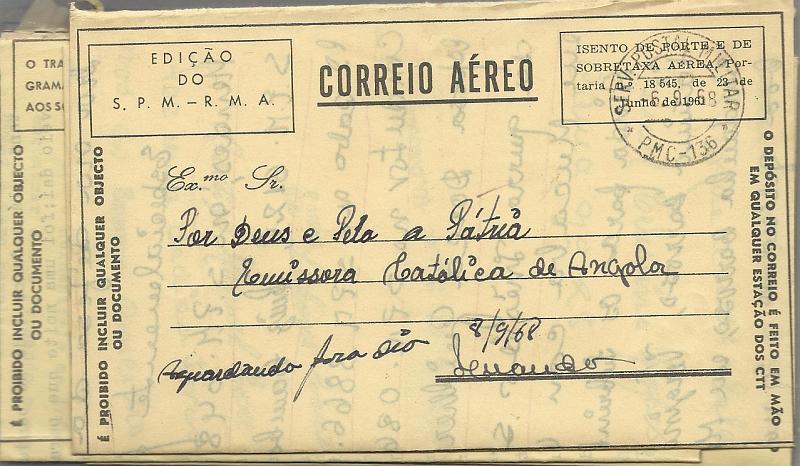 0771.jpg -     Lote:    771      Correio Militar e Censuras      Guerra Colonial       Descrição:         1961 &mdash; Guerra Colonial. Lote com 10 aerogramas circulados de Angola, com diversa marcofilia das estações e postos militares de correio. Nove editados pelo MNF e um pelo SPM-RMA. Lote a ver.        Lote       Valor Base:     &euro; 30,00     Valor Venda:     &euro; 30,00     