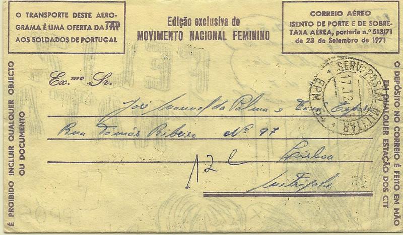 0773.jpg -     Lote:    773      Correio Militar e Censuras      Guerra Colonial       Descrição:         1961 &mdash; Guerra Colonial. Aerograma do MNF circulado da EPM 64 (17.12.73) para Lisboa, com ilustração natalícia. B.        ARG       Valor Base:     &euro; 10,00     Valor Venda:     Retirado     
