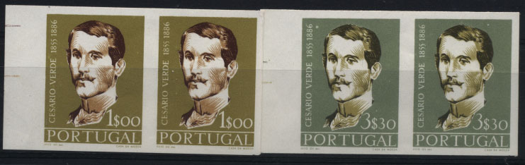 0793.jpg -     Lote:    793            Portugal       Descrição:         1957 &mdash; Cesário Verde. CE831/32. Série completa em pares horizontais de provas de cor não denteadas, nas cores aprovadas. MB e MR.        PRV       Valor Base:     &euro; 20,00     Valor Venda:     &euro; 20,00     