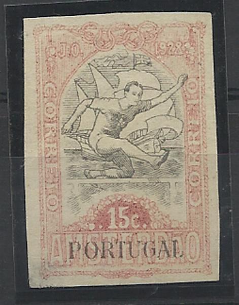 0799.jpg -     Lote:    799            Portugal       Descrição:         1928 &mdash; Imposto Postal. Jogos Olímpicos. CE IP21, 15C rosa e preto. Prova não denteada em papel liso, nas cores aprovadas. B e R.        PRV       Valor Base:     &euro; 20,00     Valor Venda:     &euro; 60,00     