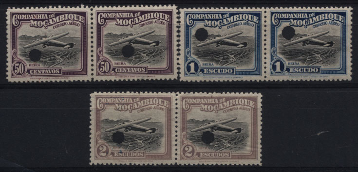 0813.jpg -     Lote:    813            Companhia de Moçambique       Descrição:         1935 &mdash; Inauguração do Correio Aéreo em tipo rectangular. CE CA18, 21 e 22. Lote composto por 3 pares horizontais (50c, 1E e 2E) de provas finais nas cores aprovadas, com furos de segurança da casa impressora.        PRV       Valor Base:     &euro; 10,00     Valor Venda:     Retirado     