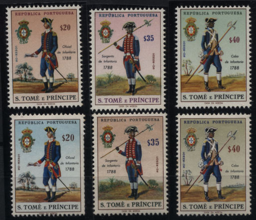 0814.jpg -     Lote:    814            S. Tomé e Príncipe       Descrição:         1965 &mdash; Uniformes Militares. CE380/382. Lote de três provas de cor para os selos de $20, $35 e $40. Acompanham selos originais para comparação.         PRV       Valor Base:     &euro; 30,00     Valor Venda:     Retirado     