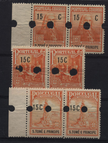 0815.jpg -     Lote:    815            S. Tomé e Príncipe       Descrição:         1925 &mdash; Imposto Postal. Monumento ao Marquês de Pombal. CE IP1/3. Série completa em pares de provas denteadas, com furos de segurança do arquivo da casa impressora "Waterlow & Sons Ltd",        PRV       Valor Base:     &euro; 8,00     Valor Venda:     Retirado     