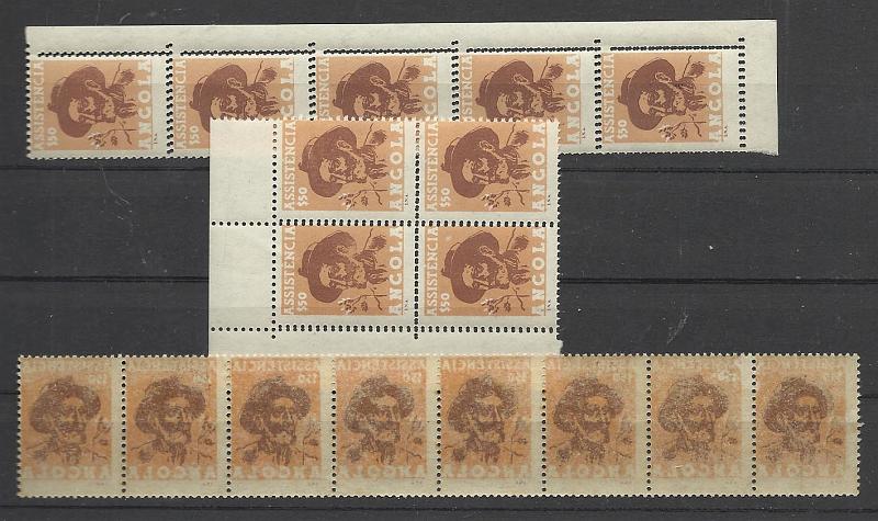 0841.jpg -     Lote:    841            Angola       Descrição:         1965 &mdash; Imposto Postal. Assistência. Colono. Tipo modificado. CE IP20. Lote composto por: Tira vertical de 5 selos + quadra com duplo denteado deslocado e tira horizontal de 8 selos com transferência da impressão para o verso,         ***       Valor Base:     &euro; 25,00     Valor Venda:     Retirado     