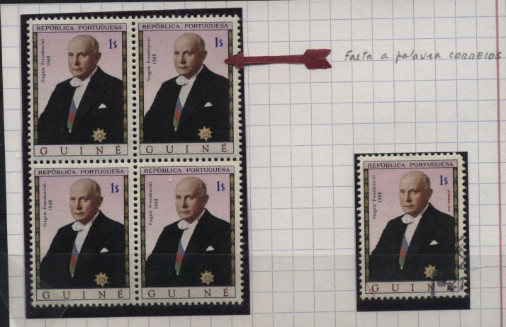0846.jpg -     Lote:    846            Guiné       Descrição:         1968 &mdash; Viagem Presidencial. CE323, 1$00. Quadra sem impressão da palavra CORREIOS.        ***       Valor Base:     &euro; 160,00     Valor Venda:     Retirado     
