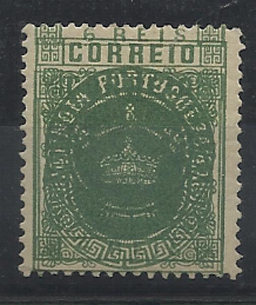 0850.jpg -     Lote:    850            Índia       Descrição:         1882 &mdash; Tipo Coroa. Valores em moeda local. CE117, 6 reis verde, denteado 13 &frac12;, tipo II. Selo com dupla impressão. Não catalogada. MB e MR.        **       Valor Base:     &euro; 30,00     Valor Venda:     &euro; 85,00     