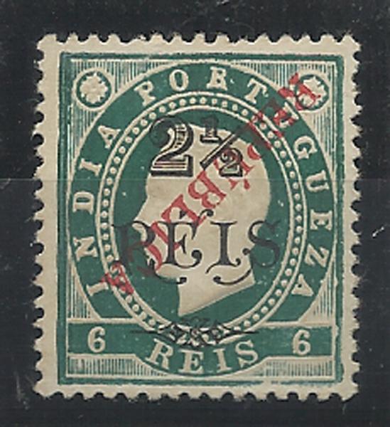 0955.jpg -     Lote:    955            Índia       Descrição:         1914 &mdash; D. Luís I de 1902 com sobrecarga REPUBLICA tipografada localmente. CE282, 2 &frac12; reis s/ 6 reis verde, denteado 12 &frac12;, com a sobrecarga invertida.         *       Valor Base:     &euro; 15,00     Valor Venda:     &euro; 16,00     