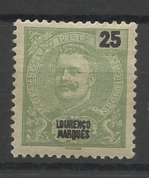 0994.jpg -     Lote:    994            Lourenço Marques       Descrição:         1898/1901 &mdash; D. Carlos I Mouchon. CE37, 25 reis verde amarelo. Selo impresso na cor aprovada para a taxa de 10 reis. MB e R.        **       Valor Base:     &euro; 12,00     Valor Venda:     &euro; 20,00     