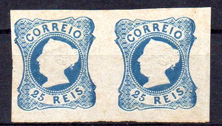 1034.jpg -     Lote:    1034            Portugal       Descrição:         1853 &mdash; D. Maria II. CE2, 25 reis azul-escuro, cunho II. Par horizontal. Valor de catálogo &euro; 3.360,00.        *       Valor Base:     &euro; 500,00     Valor Venda:     &euro; 500,00     