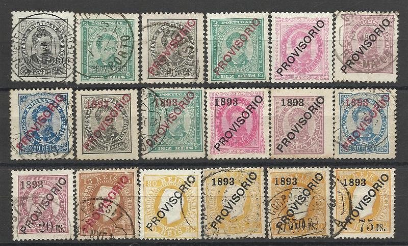 1068.jpg -     Lote:    1068            Portugal       Descrição:         1892/83 &mdash; D. Luís I. Sobrecargas "PROVISORIO". CE80/97. Série completa. 14 selos usados e 4 novos, cotados como sendo usados. Valor de catálogo &euro; 1588,85.         O       Valor Base:     &euro; 120,00     Valor Venda:     &euro; 200,00     