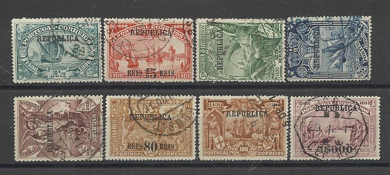 1084.jpg -     Lote:    1084            Portugal       Descrição:         1911 &mdash; 4.º Centenário do Descobrimento do Caminho Marítimo para a Índia com sobrecarga REPUBLICA. CE184/191. Série completa. Valor de catálogo &euro; 145,00.        O       Valor Base:     &euro; 15,00     Valor Venda:     &euro; 32,00     