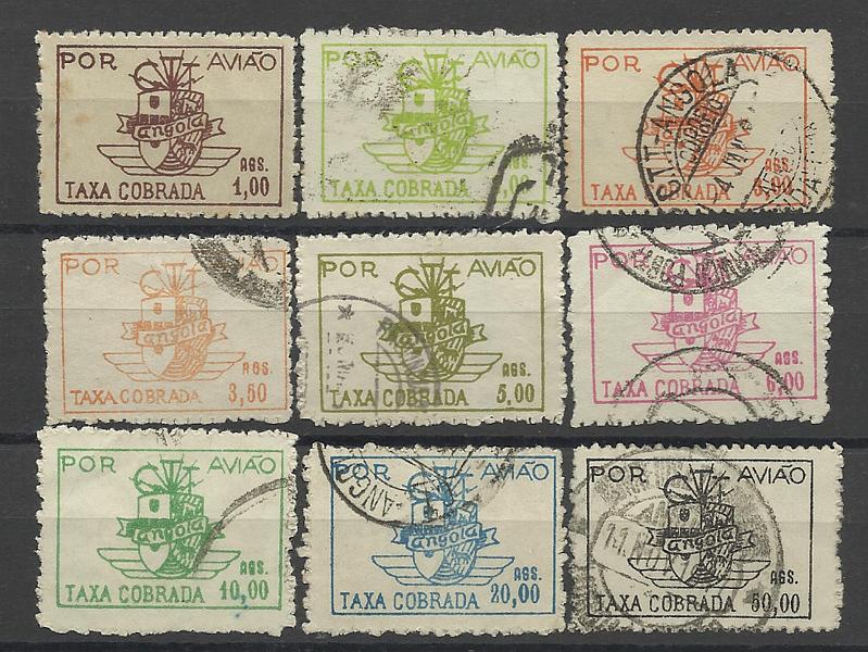1260.jpg -     Lote:    1260            Angola       Descrição:         1947 &mdash; Correio aéreo. Emblema dos CTT. CE CA10/15 e 17/19. Série incompleta. Faltam selos de 9 e 100 Ags. Valor de catálogo &euro; 765,00.        O       Valor Base:     &euro; 140,00     Valor Venda:     &euro; 220,00     