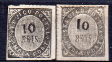 1304.jpg -     Lote:    1304            Índia       Descrição:         1873 &mdash; Nativos. Tipo IA e IB. Lote composto por dois selos: CE16, 10 reis preto com ligeiro "pliè" + CE16 IB, 10 reis preto, com algarismos "1" grosso. Valor de catálogo &euro; 128,00.        ***       Valor Base:     &euro; 60,00     Valor Venda:     Retirado     