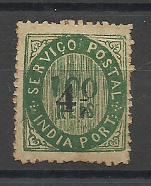 1343.jpg -     Lote:    1343            Índia       Descrição:         1883 &mdash; Nativos. Com sobretaxa em moeda local. CE124, 4 &frac12; s/ 100 reis verde, papel espesso, tipo II. Ligeiras manchas na goma. Valor de catálogo &euro; 65,00.        **       Valor Base:     &euro; 12,00     Valor Venda:     &euro; 32,00     