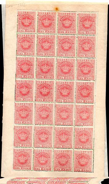 1428.jpg -     Lote:    1428            Moçambique       Descrição:         1876/85 &mdash; Tipo Coroa. Lote de duas folhas completas de 28 selos; uma de 25 reis carmim rosa, denteado 12 &frac12;, CE 4 e outra de 10 reis verde, denteado 13 &frac12;, CE10. Valor de catálogo &euro; 89,60.        ***/*       Valor Base:     &euro; 20,00     Valor Venda:     &euro; 26,00     