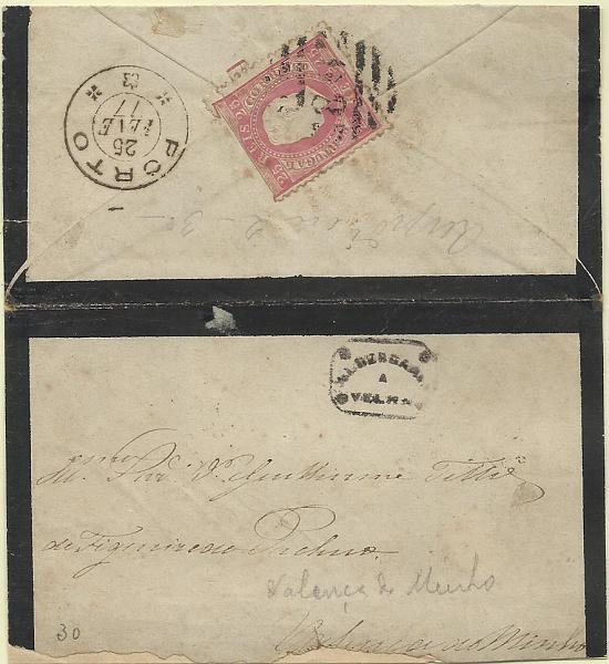 1520.jpg -     Lote:    1520            Portugal       Descrição:         Carimbos nominativos. 1870/76 &mdash; D. Luís I. Fita direita. Sobrescrito circulado de Albergaria a Velha para Valença do Minho, com trânsito pelo Porto (25.02.77) com selo de 25 reis carmim, denteado 12 &frac12;. Carimbo numérico da 2.ª reforma "80" e nominativo "ALBERGARIA A VELHA" batidos a preto.        Carta       Valor Base:     &euro; 25,00     Valor Venda:     &euro; 25,00     