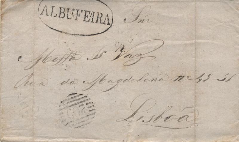 1521.jpg -     Lote:    1521            Portugal       Descrição:         Carimbos nominativos. 1867/1870 &mdash; D. Luís I. Fita curva. Denteados. CE30, 25 reis carmim em carta circulada de Algoz (11.11.68) para Lisboa (17.11.68), com trânsito por Faro (16.11.68). Carimbo da 1ª reforma "209" e nominativo "ALBUFEIRA" batidos a preto.        Livro       Valor Base:     &euro; 15,00     Valor Venda:     Retirado     
