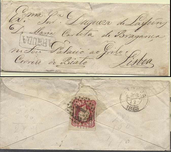 1524.jpg -     Lote:    1524            Portugal       Descrição:         Carimbos nominativos, 1862/64 &mdash; D. Luís I. CE16, 25 reis carmim, com margens curtas, em sobrescrito circulado de Arruda para Lisboa (22.11.63), Carimbo nominativo "ARRUDA" batido a preto. Sobrescrito com defeitos.        Carta       Valor Base:     &euro; 20,00     Valor Venda:     &euro; 25,00     