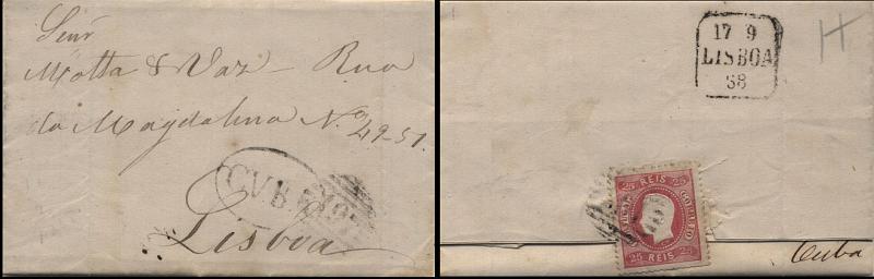 1530.jpg -     Lote:    1530            Portugal       Descrição:         Carimbos nominativos. 1867/1870 &mdash; D. Luís I. Fita curva. Denteados. CE30, 25 reis carmim em carta circulada de Cuba (16.09.68) para Lisboa (17.09.68). Carimbo da 1ª reforma "197 &mdash; tipo 4.3.4" e nominativo "CUBA" batidos a preto.        Livro       Valor Base:     &euro; 12,00     Valor Venda:     Retirado     