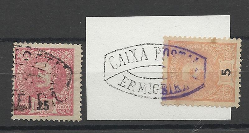 1532.jpg -     Lote:    1532            Portugal       Descrição:         Carimbos nominativos. 1895/1898 &mdash; D. Carlos I Mouchon. CE127 e 141. Dois selos obliterados com carimbos batidos a preto e violeta "CAIXA POSTAL / ERMIGEIRA".        O       Valor Base:     &euro; 12,00     Valor Venda:     Retirado     