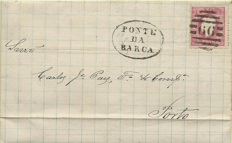 1545.jpg -     Lote:    1545            Portugal       Descrição:         Carimbos nominativos * 1870/76 &mdash; D. Luís I. Fita direita. Carta circulada de Ponte da Barca para o Porto (14.12.1879) com selo de 25 reis carmim, denteado 13 &frac12;, CE40. Obliterada com carimbo numérico da 2.ª reforma "66" e nominativo "PONTE DA BARCA".        Carta       Valor Base:     &euro; 15,00     Valor Venda:     &euro; 16,00     