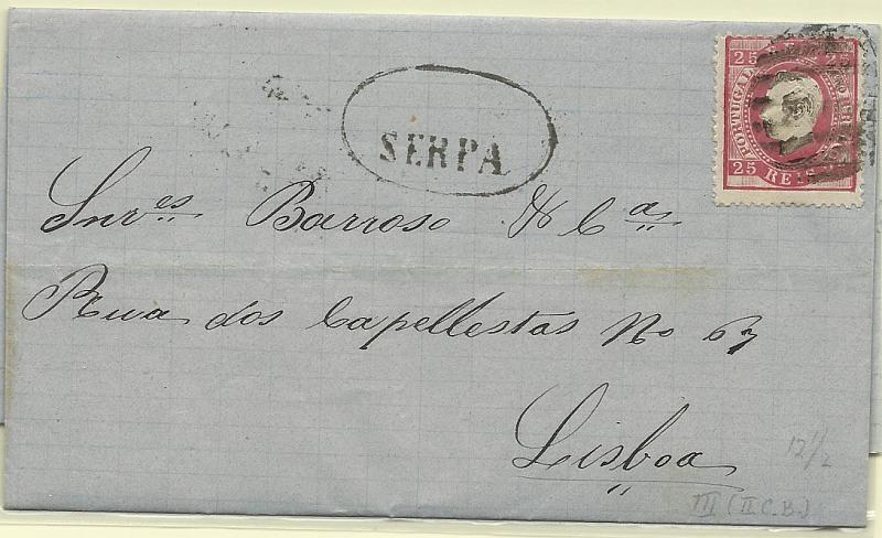 1548.jpg -     Lote:    1548            Portugal       Descrição:         Carimbos nominativos. 1870/76 &mdash; D. Luís I, fita direita. CE40, 25 reis carmim, denteado 12 &frac12;, em carta circulada de Serpa (28.05.77) para Lisboa (29.05.77). Carimbos batidos a preto, numérico da 2.ª reforma "204" e nominativo "SERPA".        Carta       Valor Base:     &euro; 12,00     Valor Venda:     Retirado     