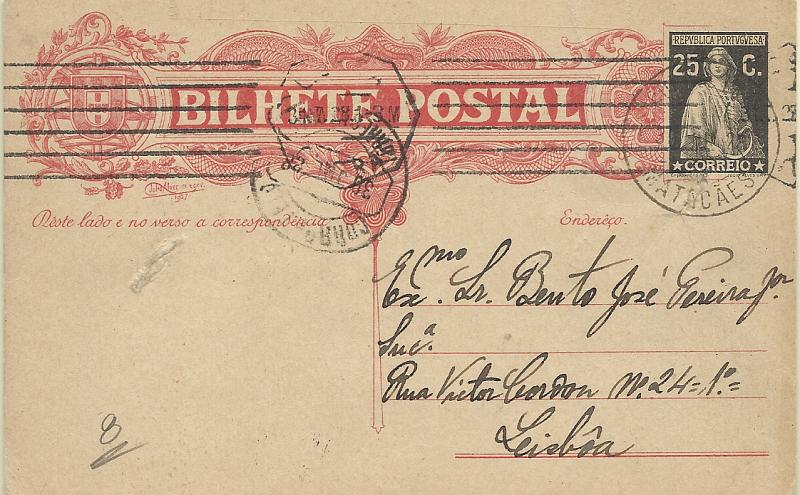 1617.jpg -     Lote:    1617            Portugal       Descrição:         Carimbos circulares datados tipo1880. Inteiro postal Ceres tipo Júlio Alves de 25 reis preto OM78, circulado de Matacães (30.07.28) para Lisboa (31.07.28). Carimbo batido a preto de "MATACÃES" (raridade 8).        IC       Valor Base:     &euro; 10,00     Valor Venda:     &euro; 24,00     