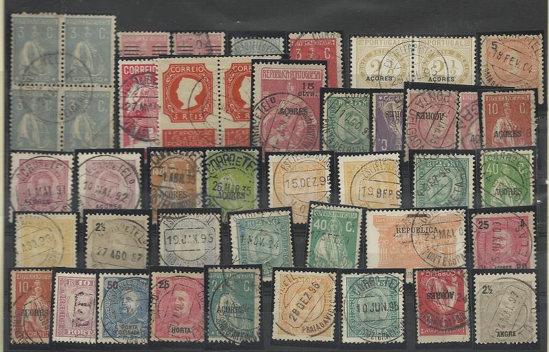 1634.jpg -     Lote:    1634            Açores       Descrição:         Açores. Carimbos circulares datados. Lote com 44 selos de diversas emissões, obliterados com carimbos circulares datados (43) e um nominativo. Marcas muito interessantes.        Lote       Valor Base:     &euro; 30,00     Valor Venda:     &euro; 34,00     