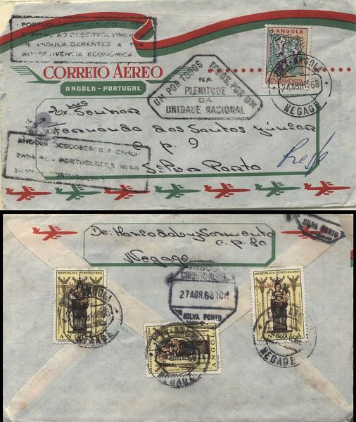 1646.jpg -     Lote:    1646            Angola       Descrição:         Carimbos patrióticos. Sobrescrito circulado por via aérea de Negage (24.04.68) para Silva Porto (27.04.68) com 3 selos de $50 CE531 + selo do imposto postal CE IP19. Obliterado com 3 carimbos patrióticos diferentes batidos a preto.         Carta       Valor Base:     &euro; 15,00     Valor Venda:     Retirado     