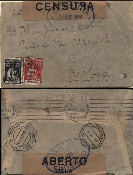 1648.jpg -     Lote:    1648            Angola       Descrição:         Carimbos numéricos volantes. 1914 &mdash; Ceres. Sobrescrito circulado de Caconda para Lisboa (09.09.16) com trânsito pela Ganda e Benguela (05.08.16) com selos de &frac12;c e 2c CE143, 146. Carimbos batidos a preto "18" atribuído à estação da Ganda e da ambulância ferroviária "AMB. II &mdash; BENGUELA".        Carta       Valor Base:     &euro; 20,00     Valor Venda:     Retirado     