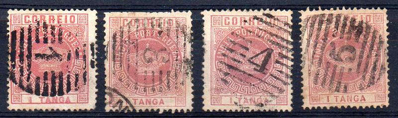 1654.jpg -     Lote:    1654            Índia       Descrição:         Carimbos de barras numéricos. 1882 &mdash; Tipo Coroa. Valores em moeda local. Lote de 2 selos de 1 e 4 Tangas, obliterados com carimbos de barras e números grossos: 1 &mdash; PANGIM e 2 &mdash; MAPUÇA.         O       Valor Base:     &euro; 20,00     Valor Venda:     &euro; 28,00     