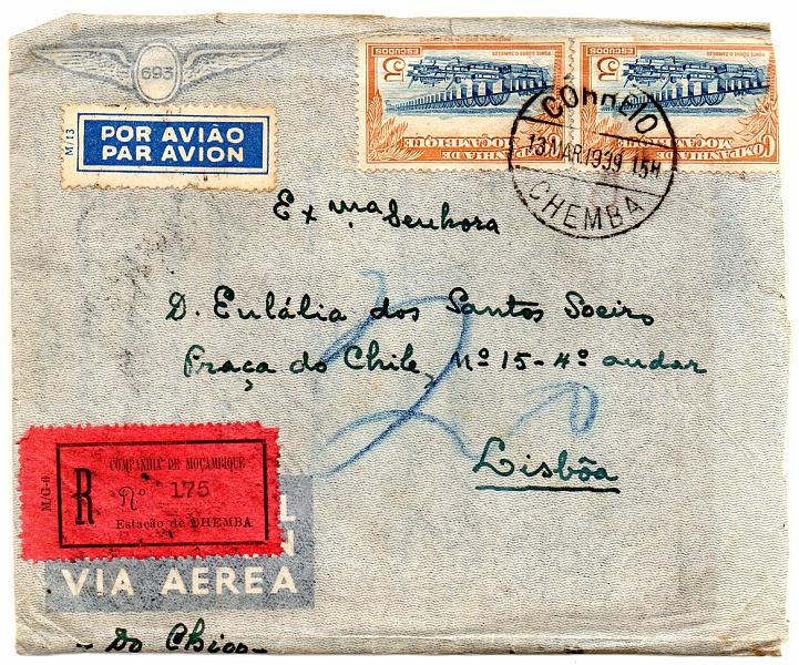 1664.jpg -     Lote:    1664            Moçambique       Descrição:         Carimbos circulares datados. Sobrescrito circulado de Chemba (13.03.39) para Lisboa com selos CE188 (2). Carimbo batido a preto "CORREIO / CHEMBA".        Carta       Valor Base:     &euro; 20,00     Valor Venda:     &euro; 170,00     