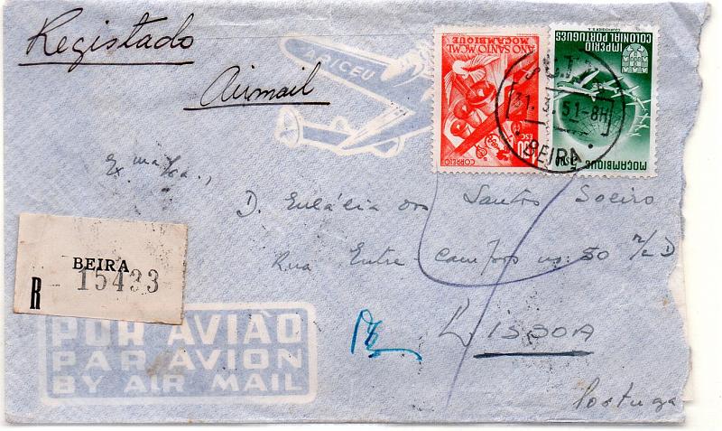 1665.jpg -     Lote:    1665            Moçambique       Descrição:         Carimbos circulares datados. Sobrescrito circulado registado da Beira (31.03.51) para Lisboa com selos CE351 e 354. Carimbo batido a preto "C.T.T. / BEIRA". Etiqueta de registo de recurso.        Carta       Valor Base:     &euro; 8,00     Valor Venda:     Retirado     
