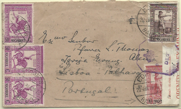 1667.jpg -     Lote:    1667            Moçambique       Descrição:         Carimbos circulares e hexagonais. 1938 &mdash; Império Colonial Português. Sobrescrito circulado de Bandula (22.06.43) para Lisboa (16.08.43) com 3 selos de 50c + 10c + 15c num total de 1$75. Carimbos batidos a preto "BANDULA" e "AMBULÂNCIA / BEIRA".        Carta       Valor Base:     &euro; 20,00     Valor Venda:     Retirado     