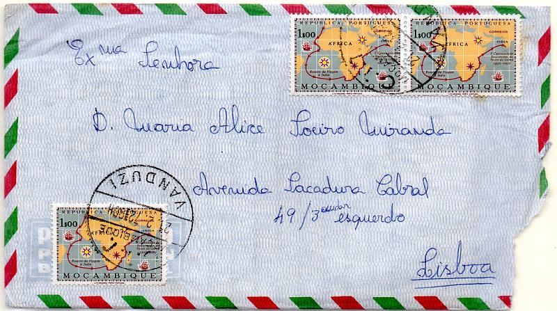1668.jpg -     Lote:    1668            Moçambique       Descrição:         Carimbos circulares datados. Sobrescrito circulado de Vanduzi (21.02.72) para Lisboa com 3 selos CE514. Carimbo batido a preto "VANDUZI".        Carta       Valor Base:     &euro; 20,00     Valor Venda:     &euro; 55,00     