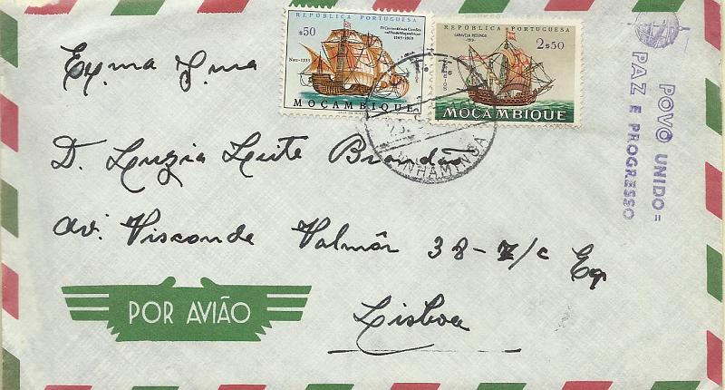 1669.jpg -     Lote:    1669            Moçambique       Descrição:         Carimbos circulares datados + patrióticos. Sobrescrito circulado de Inhaminga (23.04.71) para Lisboa com selos CE466 e 510. Carimbo batido a preto "INHAMINGA" + carimbo a violeta "POVO UNIDO / PAZ E PROGRESSO".        Carta       Valor Base:     &euro; 8,00     Valor Venda:     &euro; 8,00     