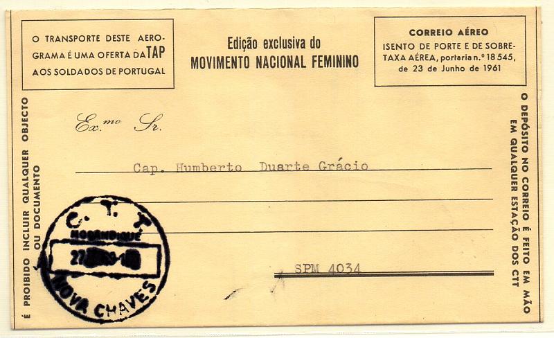 1671.jpg -     Lote:    1671            Moçambique       Descrição:         Carimbos circulares datados. Aerograma editado pelo MNF circulado de Nova Chaves para o SPM4034. Carimbo batido a preto "C. T. T. / MOÇAMBIQUE / NOVA CHAVES".        ARG       Valor Base:     &euro; 8,00     Valor Venda:     &euro; 10,00     