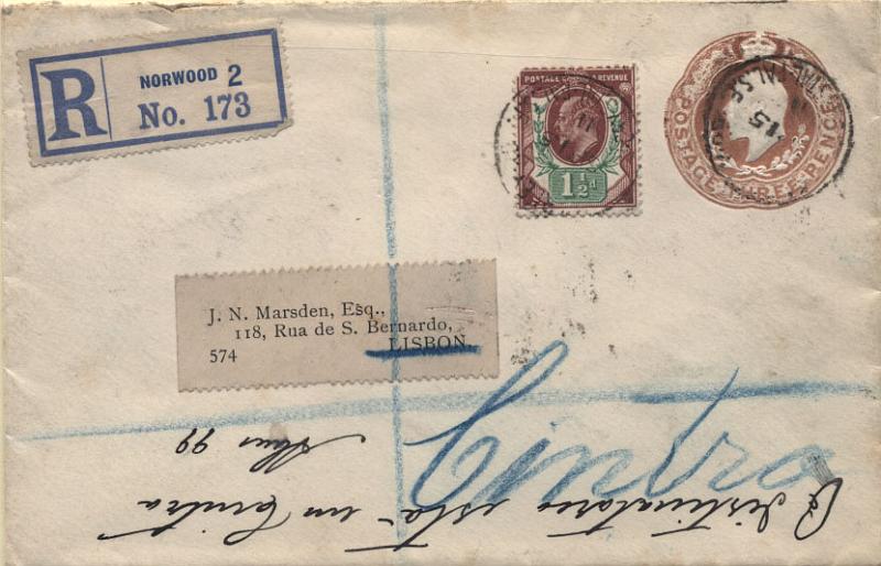 1823.jpg -     Lote:    1823                   Descrição:      Inglaterra * Eduard VII &mdash;   Inteiro postal de 3p castanho circulado registado de Norwood (15.09.11) para Lisboa (endereçado a Marsden) com selo adicional de 1 &frac12; d. MB.        IC       Valor Base:     &euro; 10,00     Valor Venda:     Retirado     