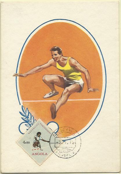 2081.jpg -     Lote:    2081      Lotes pelo Correio              Descrição:         Angola * Modalidades desportivas (Atletismo). Postal ilustrado concordante com selo de 4$50 CE432, obliterados com marca de dia de Luanda (03.01.70).        PM       Valor Base:     &euro; 5,00     Valor Venda:     Retirado     