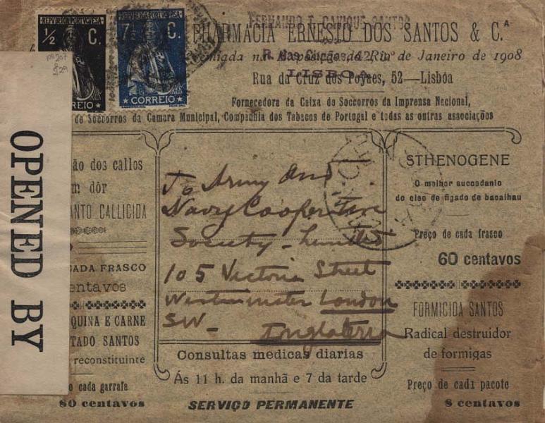 2261.jpg -     Lote:    2261      Lotes pelo Correio              Descrição:         1914/19 &mdash; 1.ª Guerra Mundial * Censuras. Lote com quatro sobrescritos, obliterados com carimbos e cinta da censura portuguesa, francesa e inglesa. Lote a ver        Carta       Valor Base:     &euro; 5,00     Valor Venda:     &euro; 5,00     