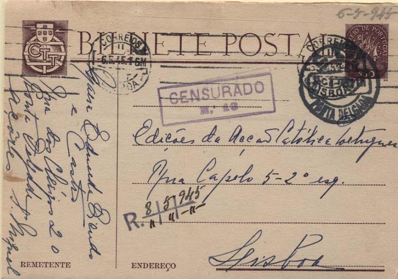 2269.jpg -     Lote:    2269      Lotes pelo Correio              Descrição:         1914/19 &mdash; 1.ª Guerra Mundial * Censuras. Três inteiros postais tipo Caravela de $30 OM98, circulados de Ponta Delgada para Lisboa com carimbos de censura batidos a violeta, Dois rectangulares dos censores n.º 11 e 13 e um circular do censor n.º 42. Lote a ver.        IC       Valor Base:     &euro; 6,00     Valor Venda:     &euro; 6,00     