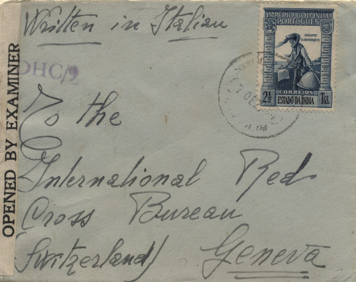 2271.jpg -     Lote:    2271      Lotes pelo Correio              Descrição:         1939/45 &mdash; 2.ª Guerra Mundial. Censuras. Sobrescrito circulado de Bicholim (07.12.44) para Geneve por súbdito italiano, internado na Fortaleza de Aguada. Censurada pelos ingleses.        Carta       Valor Base:     &euro; 15,00     Valor Venda:     &euro; 25,00     
