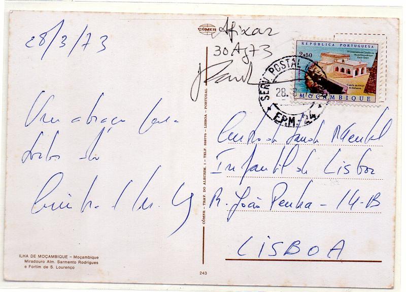 2272.jpg -     Lote:    2272      Lotes pelo Correio              Descrição:         1961 &mdash; Guerra Colonial. Postal ilustrado circulado da EP-24 (28.08.73) para Lisboa com selo de 2$50 CE512.        PI       Valor Base:     &euro; 6,00     Valor Venda:     Retirado     