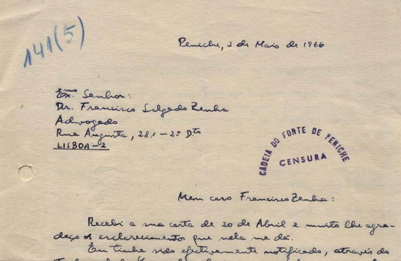 2280.jpg -     Lote:    2280      Lotes pelo Correio              Descrição:         1966 &mdash; Censuras políticas &mdash; Carta remetida de Peniche (03.05.66) com carimbo batido a violeta "CADEIAM DO FORTE DE PENICHE / CENSURA".        DOC       Valor Base:     &euro; 5,00     Valor Venda:     &euro; 13,00     