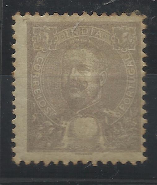 2311.jpg -     Lote:    2311      Lotes pelo Correio       Índia       Descrição:         1898/1900 &mdash; D. Carlos I tipo Mouchon. CE158, 9 reis lilás cinzento. Selo sem impressão da taxa e pontos de óxido no verso        **       Valor Base:     &euro; 5,00     Valor Venda:     Retirado     