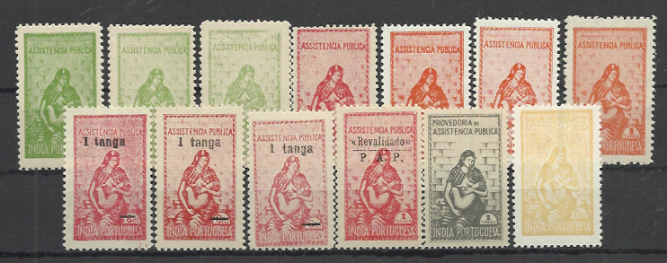 2508.jpg -     Lote:    2508      Lotes pelo Correio       Índia       Descrição:         1948/56 &mdash; Assistência Pública. CE IP6/10. Lote composto por 13 selos (séries completas com tonalidades de cores). Valor de catálogo &euro; 70,20.        **       Valor Base:     &euro; 15,00     Valor Venda:     &euro; 21,00     