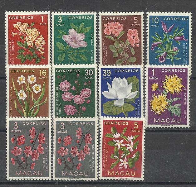 2516.jpg -     Lote:    2516      Lotes pelo Correio       Macau       Descrição:         1952 &mdash; Flores de Macau. CE374/383. Série completa + um selo de 3P repetido. A maioria dos selos com pontos de óxido no verso. Valor de catálogo &euro; 45,00.        **       Valor Base:     &euro; 8,00     Valor Venda:     &euro; 8,00     