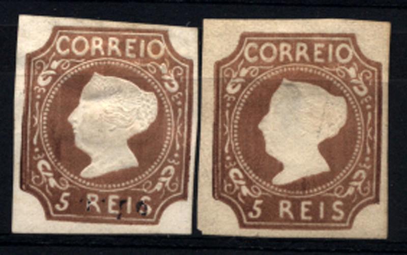 2703.jpg -     Lote:    2703      Lotes pelo Correio       Portugal       Descrição:         Reimpressões de 1905 * 1853 &mdash; D. Maria II. CE1, 5 reis castanho. Lote de duas reimpressões com margens curtas. Uma delas com transparência. Valor de catálogo &euro; 600,00.        R*       Valor Base:     &euro; 40,00     Valor Venda:     &euro; 40,00     